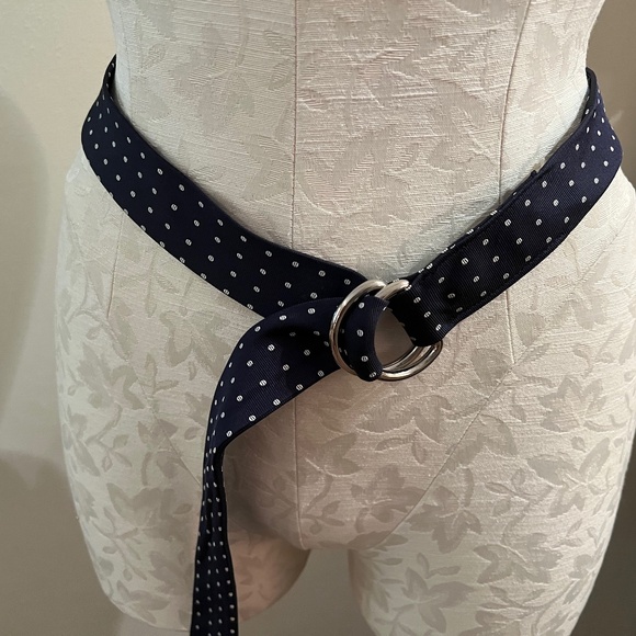 Vintage J Crew Navy with White Polka Dot Silk D Ring Belt - Picture 1 of 4